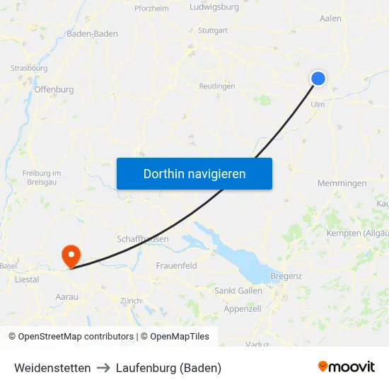Weidenstetten to Laufenburg (Baden) map