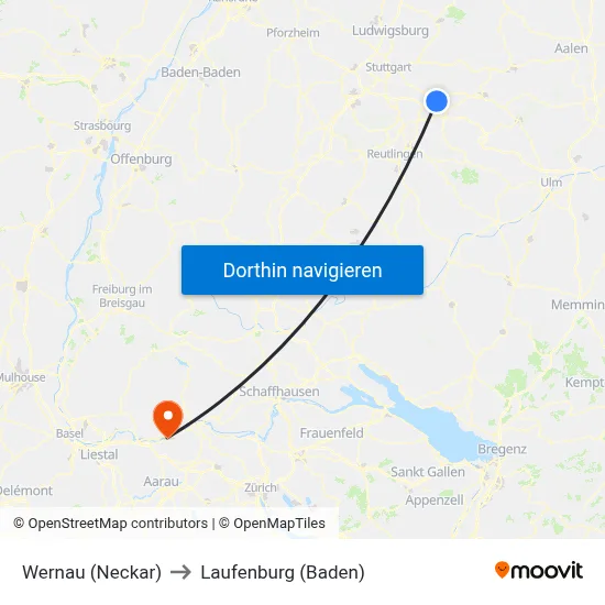 Wernau (Neckar) to Laufenburg (Baden) map
