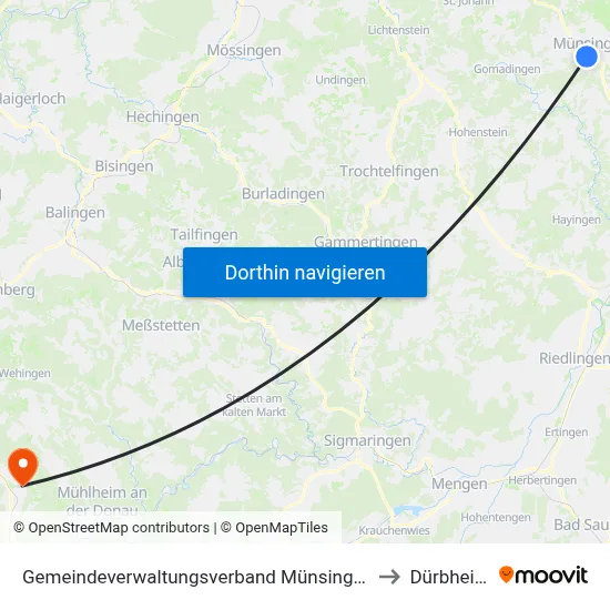 Gemeindeverwaltungsverband Münsingen to Dürbheim map