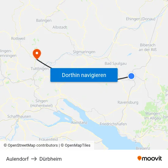 Aulendorf to Dürbheim map