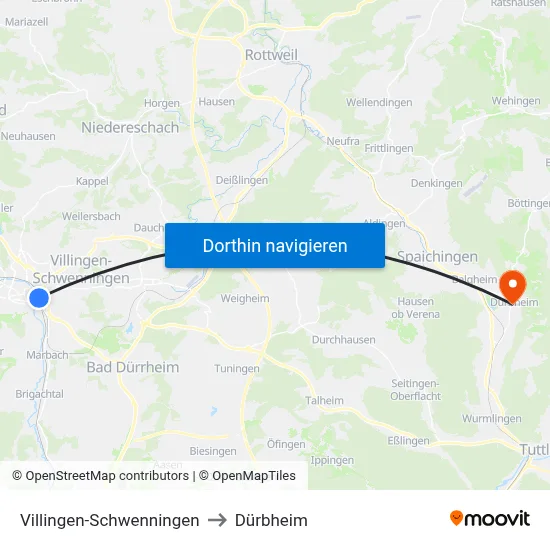Villingen-Schwenningen to Dürbheim map