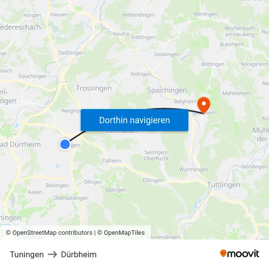 Tuningen to Dürbheim map