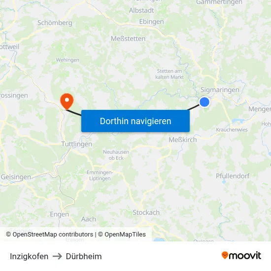 Inzigkofen to Dürbheim map