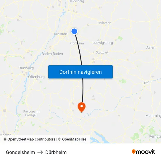 Gondelsheim to Dürbheim map