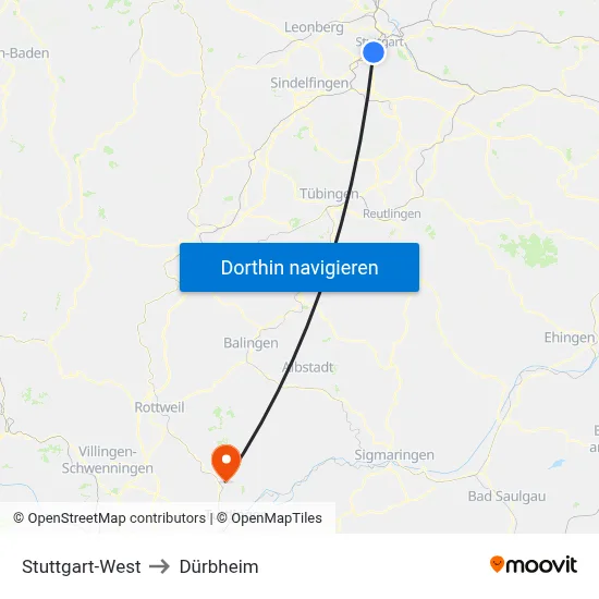 Stuttgart-West to Dürbheim map