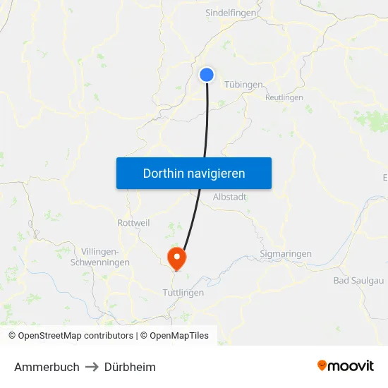 Ammerbuch to Dürbheim map