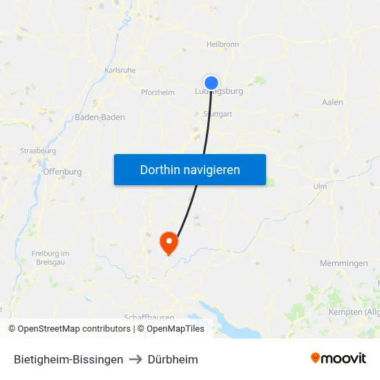 Bietigheim-Bissingen to Dürbheim map