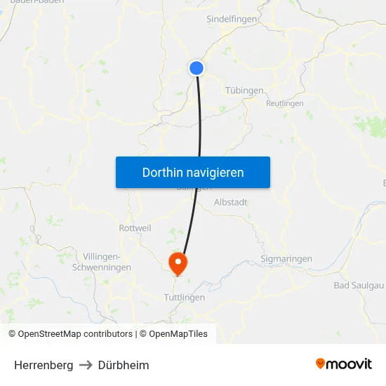 Herrenberg to Dürbheim map