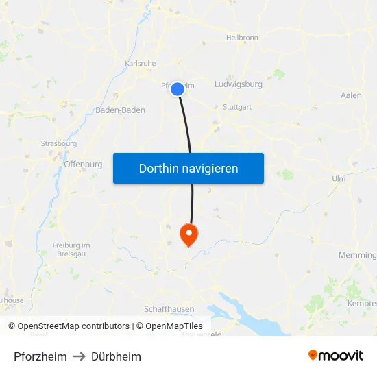 Pforzheim to Dürbheim map