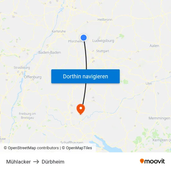 Mühlacker to Dürbheim map