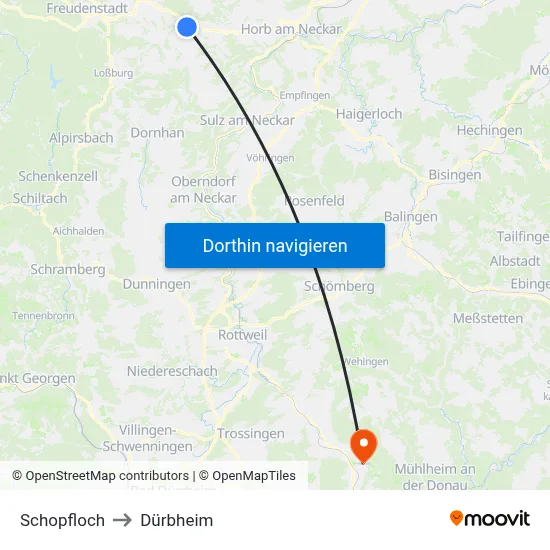Schopfloch to Dürbheim map