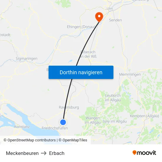Meckenbeuren to Erbach map