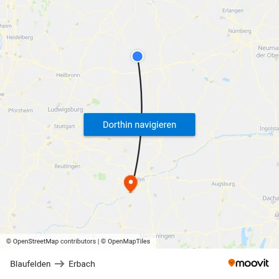 Blaufelden to Erbach map