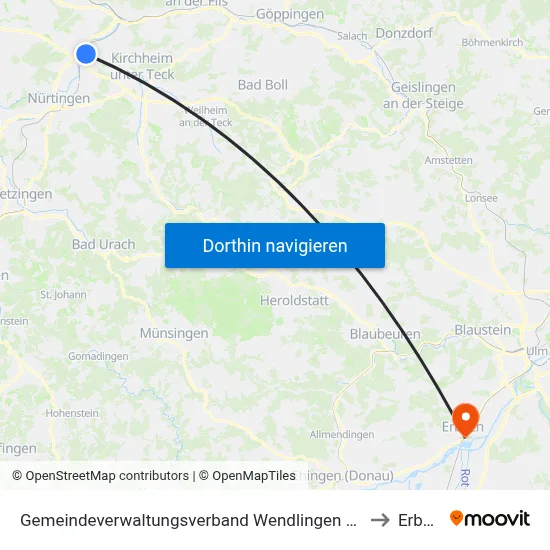 Gemeindeverwaltungsverband Wendlingen am Neckar to Erbach map