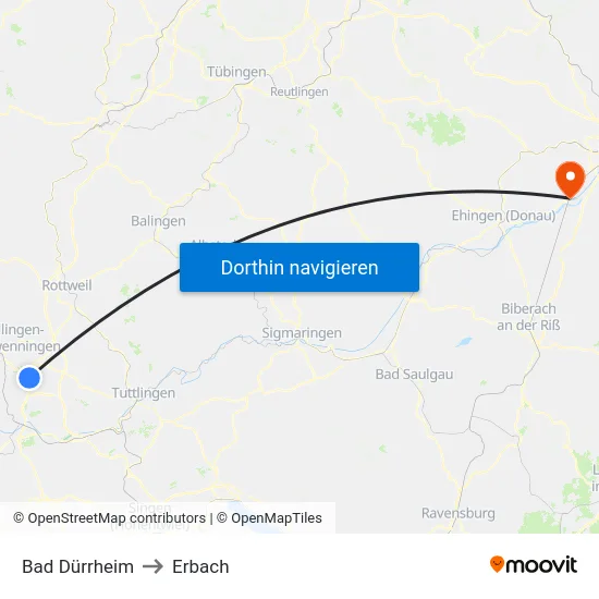 Bad Dürrheim to Erbach map