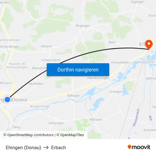 Ehingen (Donau) to Erbach map