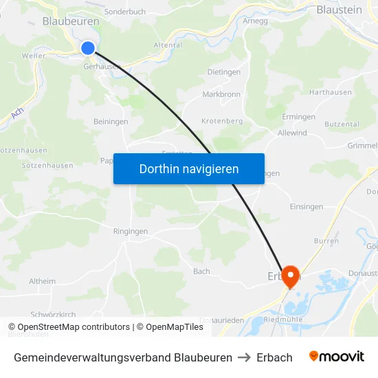 Gemeindeverwaltungsverband Blaubeuren to Erbach map