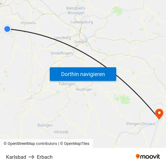 Karlsbad to Erbach map