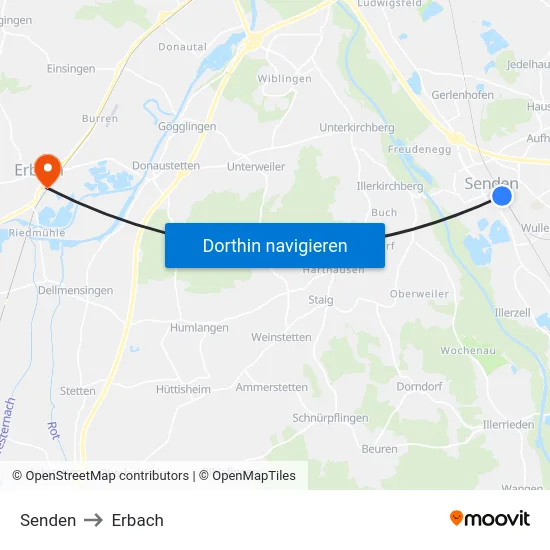 Senden to Erbach map