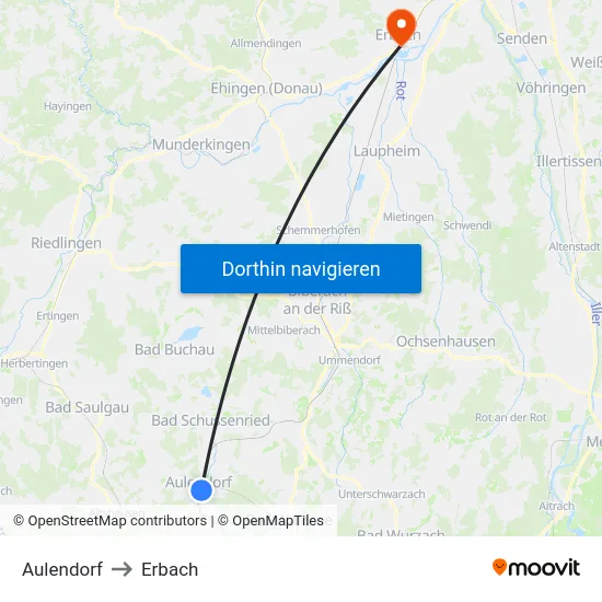 Aulendorf to Erbach map