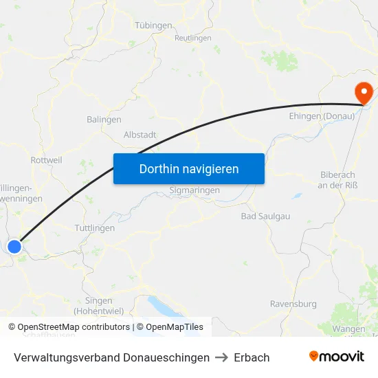 Verwaltungsverband Donaueschingen to Erbach map