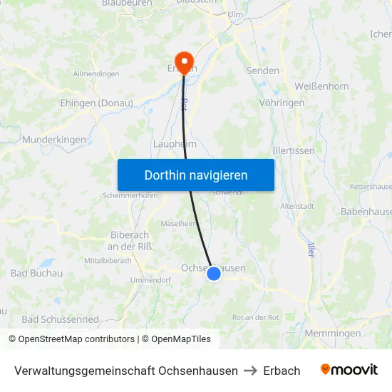 Verwaltungsgemeinschaft Ochsenhausen to Erbach map