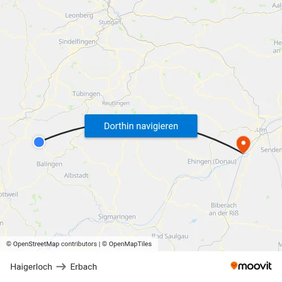 Haigerloch to Erbach map