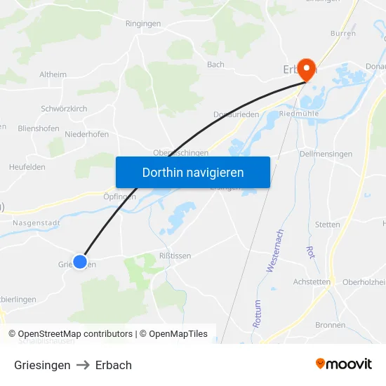 Griesingen to Erbach map