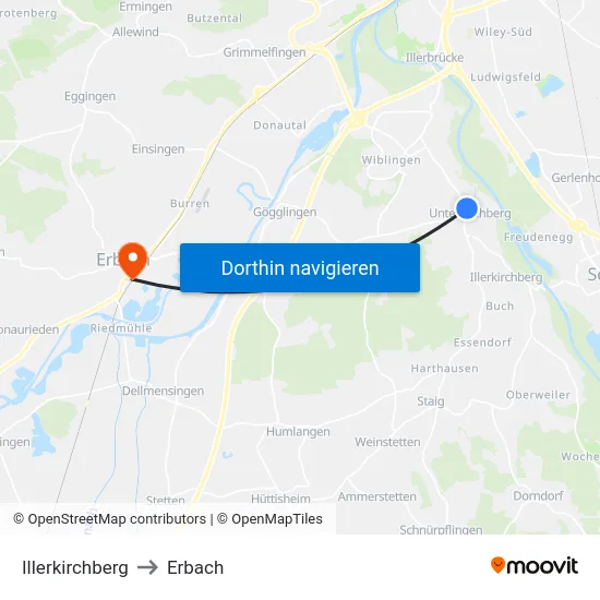 Illerkirchberg to Erbach map