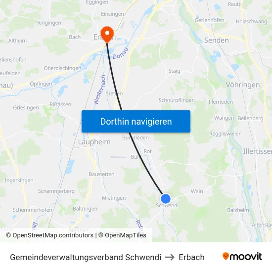 Gemeindeverwaltungsverband Schwendi to Erbach map