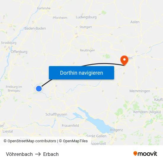 Vöhrenbach to Erbach map
