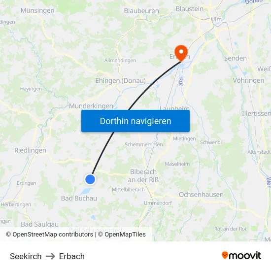 Seekirch to Erbach map