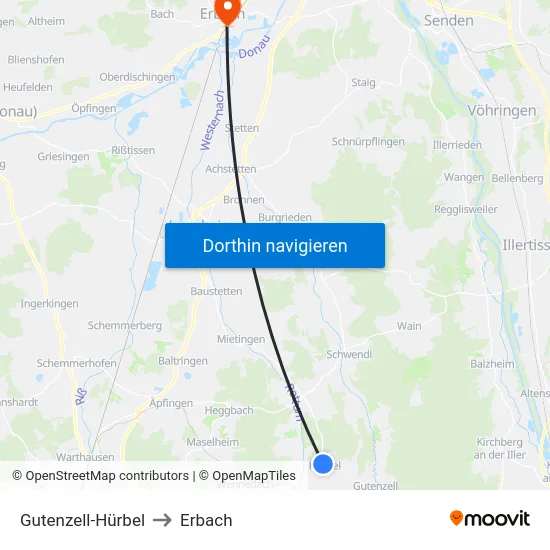 Gutenzell-Hürbel to Erbach map