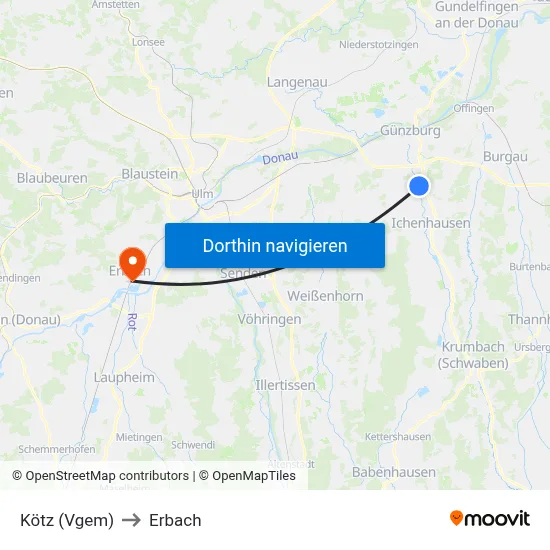 Kötz (Vgem) to Erbach map
