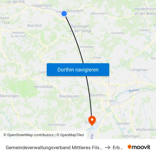 Gemeindeverwaltungsverband Mittleres Fils-Lautertal to Erbach map