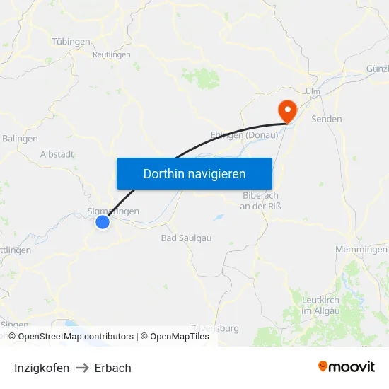 Inzigkofen to Erbach map