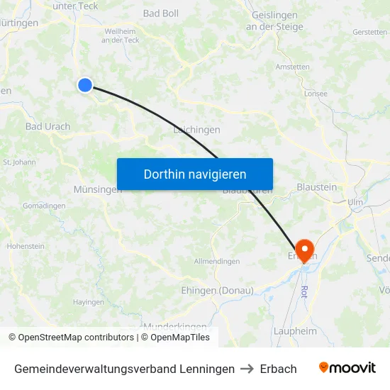 Gemeindeverwaltungsverband Lenningen to Erbach map
