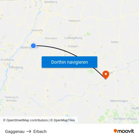 Gaggenau to Erbach map