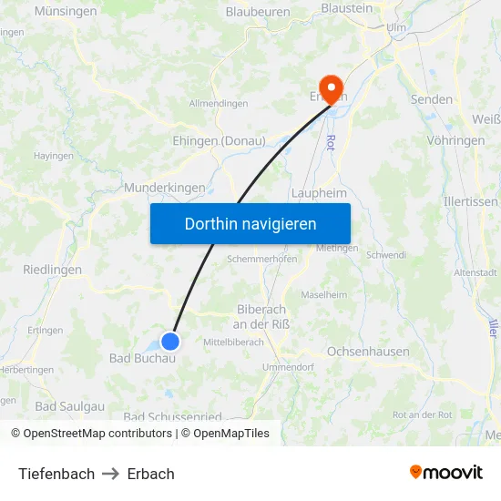 Tiefenbach to Erbach map