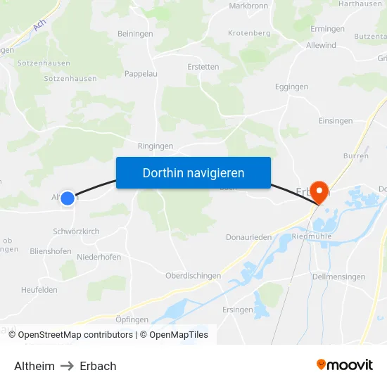 Altheim to Erbach map
