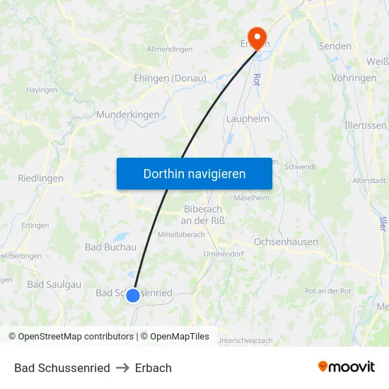 Bad Schussenried to Erbach map