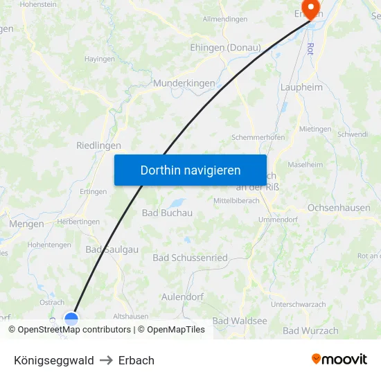 Königseggwald to Erbach map