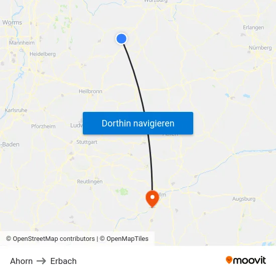 Ahorn to Erbach map