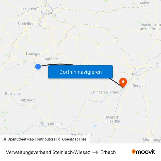 Verwaltungsverband Steinlach-Wiesaz to Erbach map
