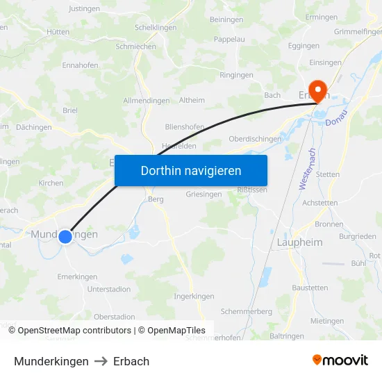 Munderkingen to Erbach map