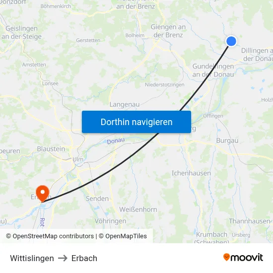 Wittislingen to Erbach map
