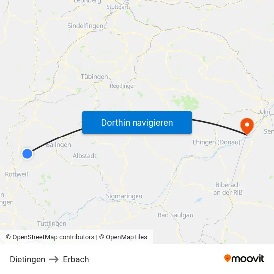 Dietingen to Erbach map