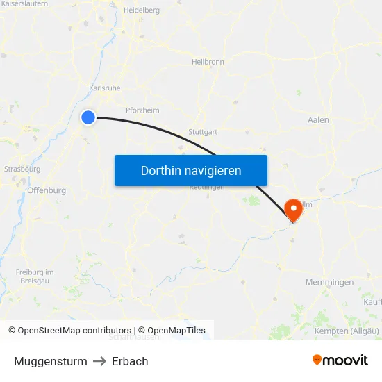 Muggensturm to Erbach map