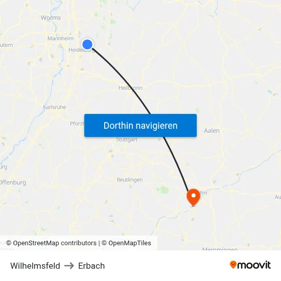 Wilhelmsfeld to Erbach map