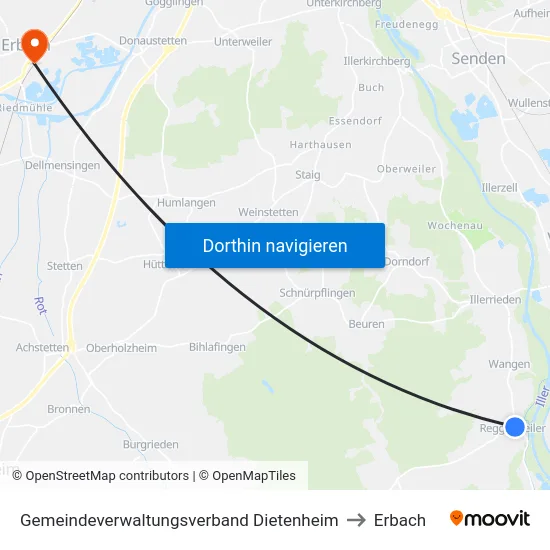 Gemeindeverwaltungsverband Dietenheim to Erbach map
